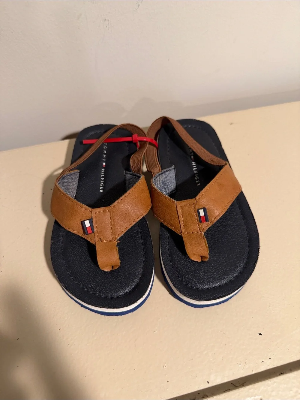 Tommy Hilfiger Navy Footbed Brown Strappy Kids Sandals with Flag Accent